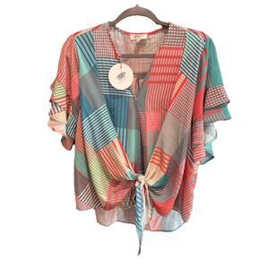 Umgee Top Women L Turq Coral Tunic Tiered Bell Sleeve Knotted Hem Lightweight